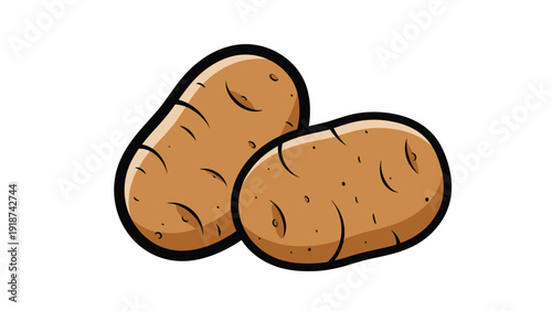 Simple illustration of two raw brown potatoes with thick outlines and textured skins, ideal for grocery, cooking, and food related designs.