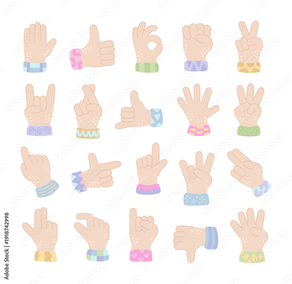 Fototapeta premium Hand gesture set in scandinavian style showing human palm, sign, finger positions communication signals symbols for guidance education navigation warning approval