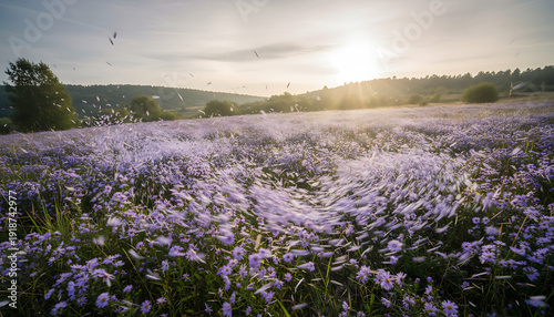 Purple wildflower meadow at sunset