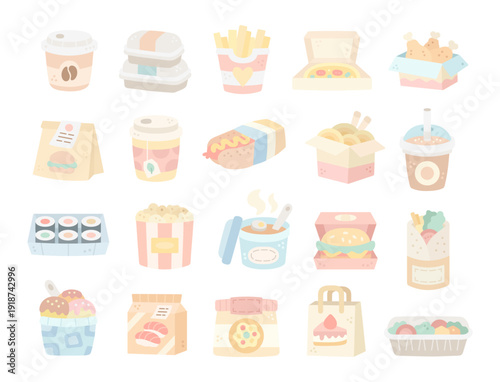 Takeaway food set in scandinavian style showing tea, container burger, pizza, fries, sushi, coffee, dessert, salad, snack, meal, packaging box