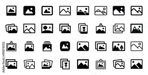 Assortment of gallery and picture frame icons displaying photos and visual media