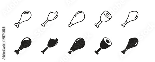 Assortment of fried chicken leg icons in outline and solid styles