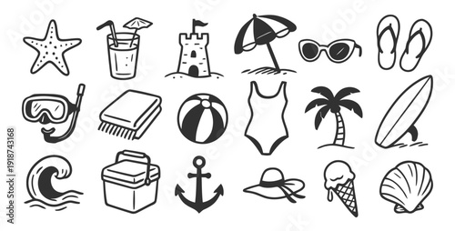 Assortment of hand-drawn summer vacation and beach icons