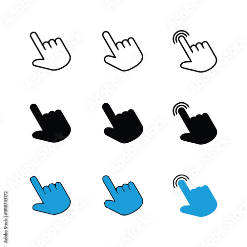 Assortment of hand cursor icons in outline, black, and blue, indicating interaction
