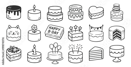 Assortment of hand-drawn birthday cakes and celebration sweets