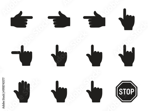 Assortment of hand pointer icons for user interfaces and digital interaction, including stop sign