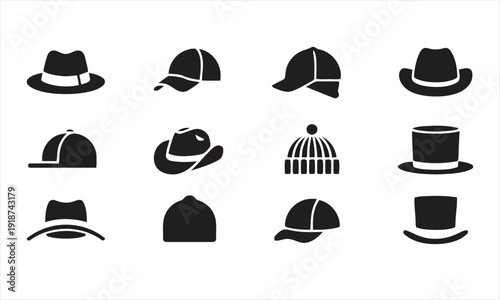Assortment of hats and headwear icons including fedora, baseball cap, cowboy hat, beanie and top hat