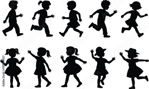 Children running silhouette vector illustration, playful kids, dynamic motion, boys girls, fun activity, energy movement, childhood play, stock artwork design