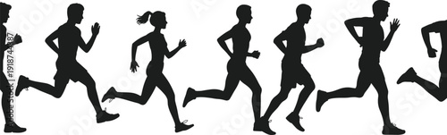 Running silhouette vector illustration, athlete motion, jogging posture, sports fitness, male female runner, dynamic speed, biomechanics study, stock artwork design