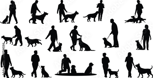 Dog walking silhouette collection featuring men and women with pets on leash, training and outdoor walking scenes, isolated black vector set