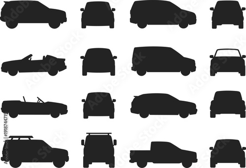 Vehicle silhouette vector illustration, car outline, SUV, van, convertible, pickup truck, automotive design, transport profile, stock artwork, collection