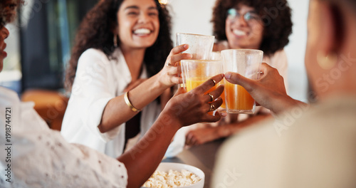 Photos Hands, friends and toast with celebration in home for bonding, relax and excited for reunion