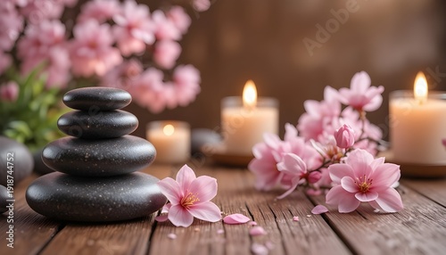 Relaxing Spa Background with Massage Stones, Aromatic Candle, and Sakura Flowers on Wooden Surface