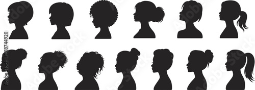 Female hairstyle silhouette vector illustration, diverse hair profiles, afro, bun, ponytail, curly hair, fashion beauty, cultural identity, stock design