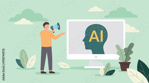 Man with megaphone announces Artificial Intelligence on computer screen