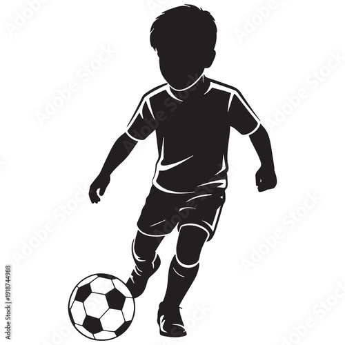 Young child kicking soccer ball in athletic sportswear silhouette style design