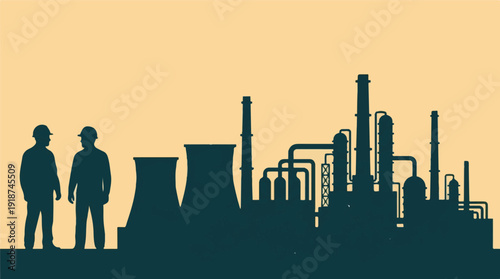 Industrial workers silhouette in front of factory and power plant
