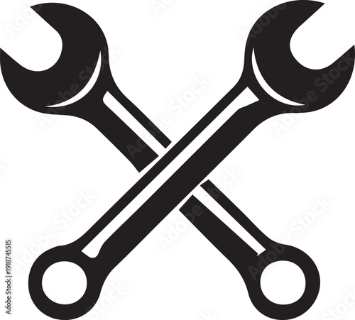Simple black and white vector icon featuring two crossed open ended wrenches symbolizing mechanical repair and maintenance tasks.