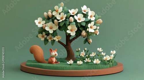 Cute 3D scene of a squirrel under a blossoming tree, nestled on a grassy round platform
