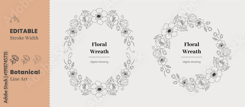 Vector Cherry blossom floral wreath thin line art design, Editable stroke width, Floral outline wreath customizable outline, Delicate botanical circle, Vector illustration