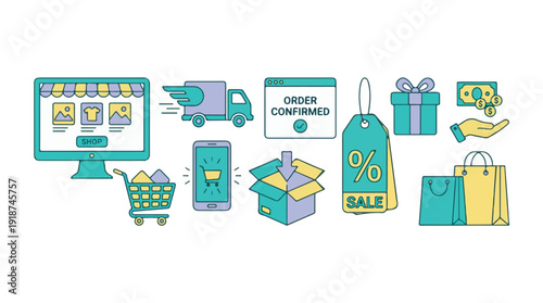 E-commerce and online shopping vector icons set for digital business