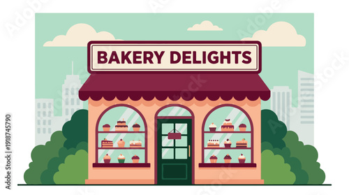 Flat design illustration of a charming bakery shop with sweet treats in windows