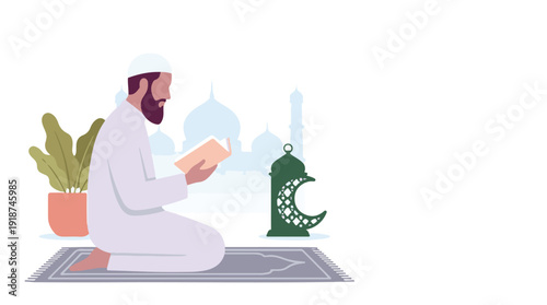 Muslim man reading holy book on prayer mat, Islamic religious illustration