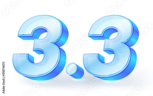 3D glass blue number 3.3 isolated on white. Perfect for March 3rd day sale, e-commerce marketing, shopping festival banners and promotional discount stickers. Vector illustration.