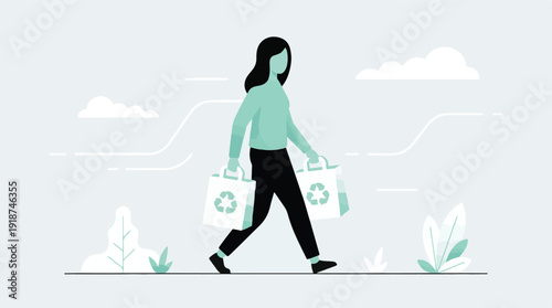 Eco-friendly woman carrying reusable bags with recycling symbols while walking