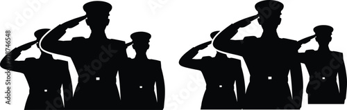Female soldiers saluting silhouette collection isolated on white background, women military officers standing in uniform, army tribute illustration set