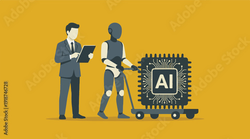 Businessman and robot collaborating to advance artificial intelligence technology