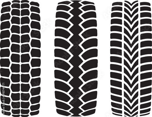 Three different tire tread patterns on black tires