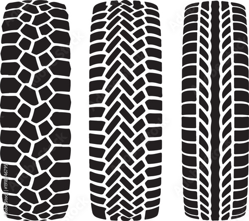 Three different car tire treads on white background