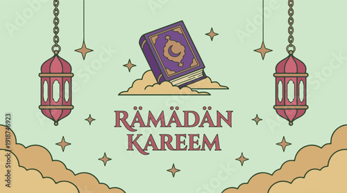 Ramadan Kareem festive illustration with Islamic lanterns and holy book
