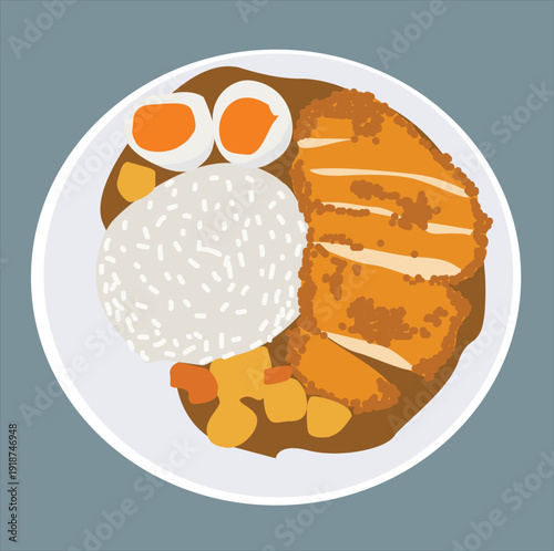 Katsu curry is a Japanese curry.Katsu Curry with Garnish and Rice

