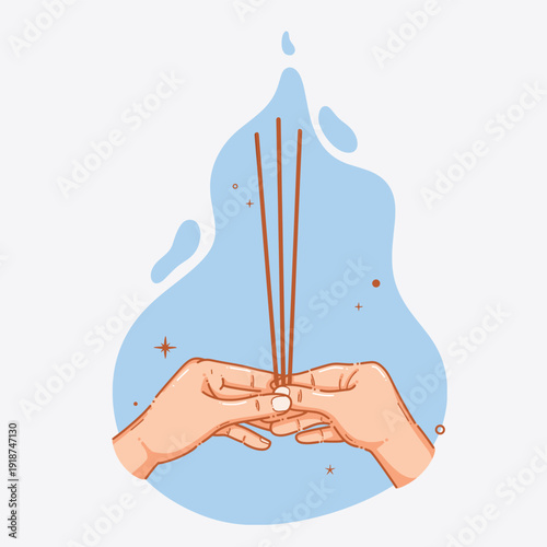 Hands Holding Incense Sticks Prayer Ritual Vector Illustration