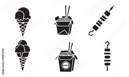 Black and white icons of food and desserts on white background