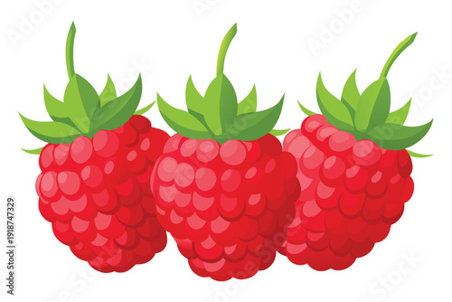 Three ripe red raspberries with green leaves