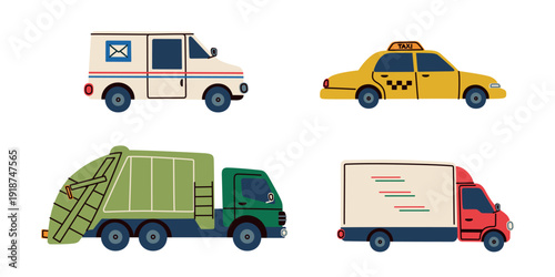 Collection of urban service vehicles in flat cartoon style. Vector illustration with mail truck, garbage truck, taxi, delivery van. City transportation theme for public service design