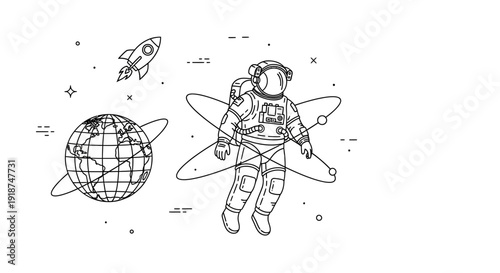 Astronaut Floating in Space Near Earth and Rocket Ship