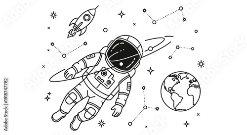 Astronaut floating in space near Earth with rocket and stars illustration
