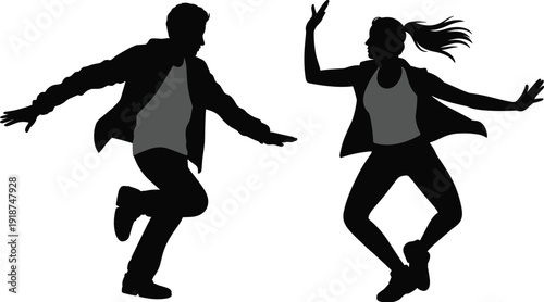 Young Couple Dancing Silhouettes, Man and Woman Performing Modern Dance Moves Isolated on White Background Vector Illustration