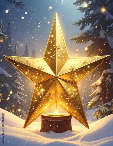 Illuminated golden star on snowy surface in winter landscape
