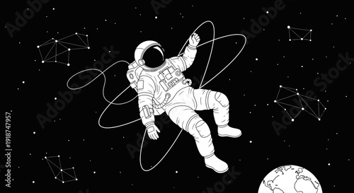 Astronaut Floating in Space with Constellations and Earth