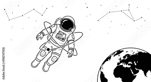 Astronaut floating in space with constellations and planet Earth