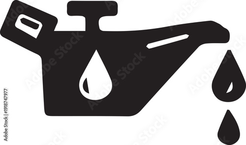 Black and white icon depicting a motor oil can pouring lubrication fluid signaling a necessary automotive maintenance warning light.