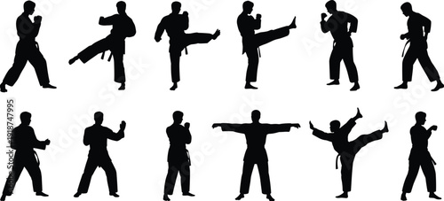 Karate Martial Arts Silhouettes Set, Male Fighter Performing Punch and Kick Techniques Isolated on White Background Vector Illustration