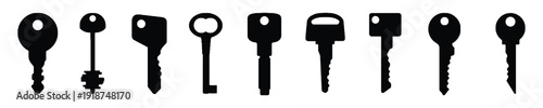 Assortment of nine different black key silhouettes on a white background