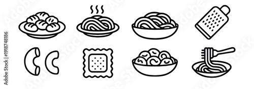 Assortment of pasta and noodle icons in outline style vector