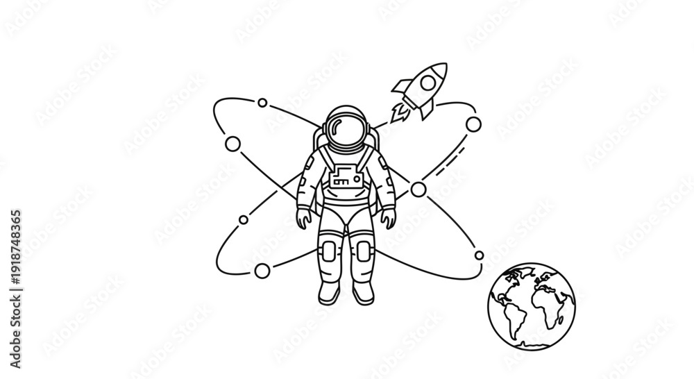 Fototapeta premium Astronaut with Rocket and Planet Earth - Outline